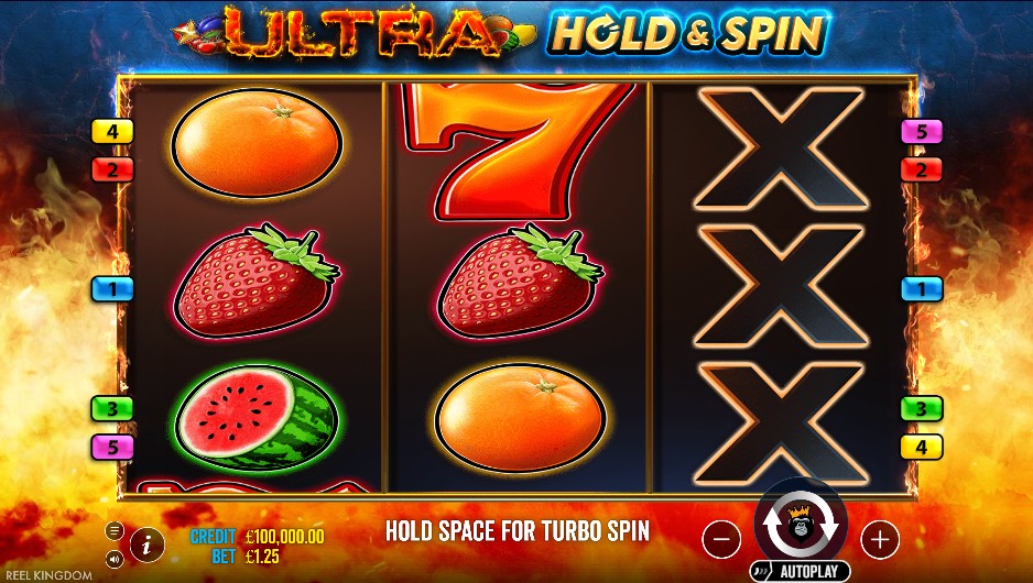 Ultra hold and spin 3 reel slot machine with fruits