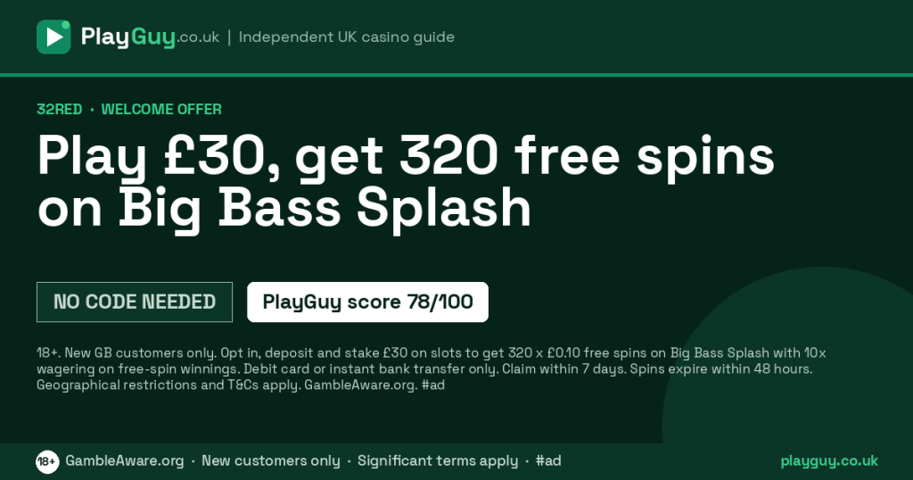32Red welcome offer: Play £30, get 320 free spins on Big Bass Splash