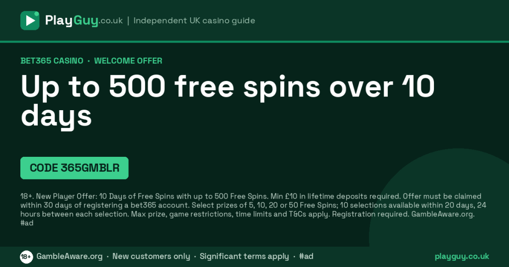 bet365 Casino welcome offer: Up to 500 free spins over 10 days