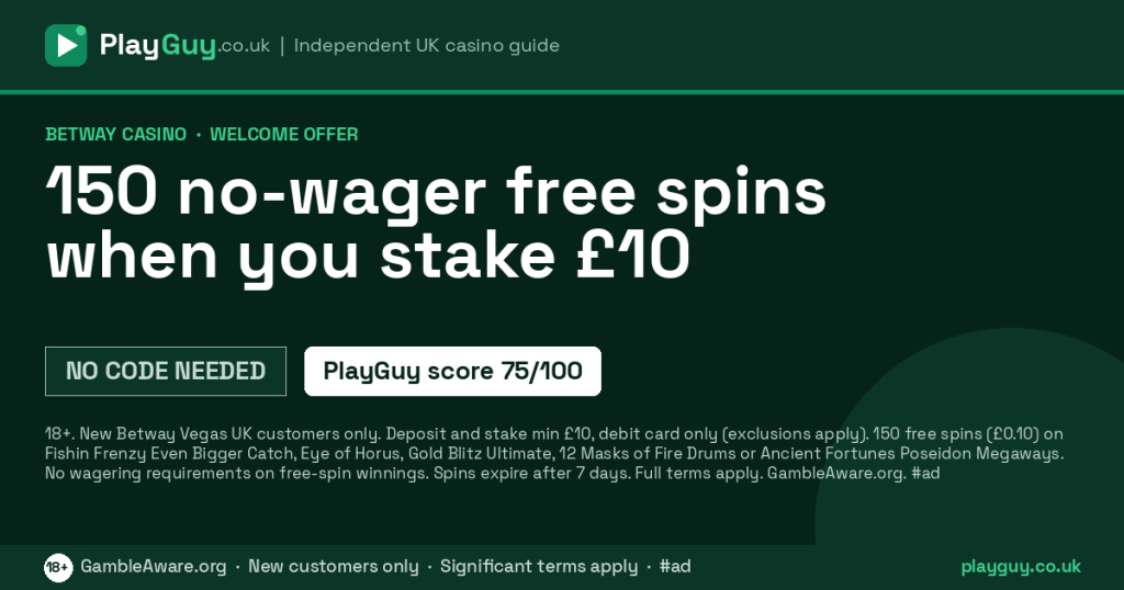 Betway Casino welcome offer: 150 no-wager free spins when you stake £10
