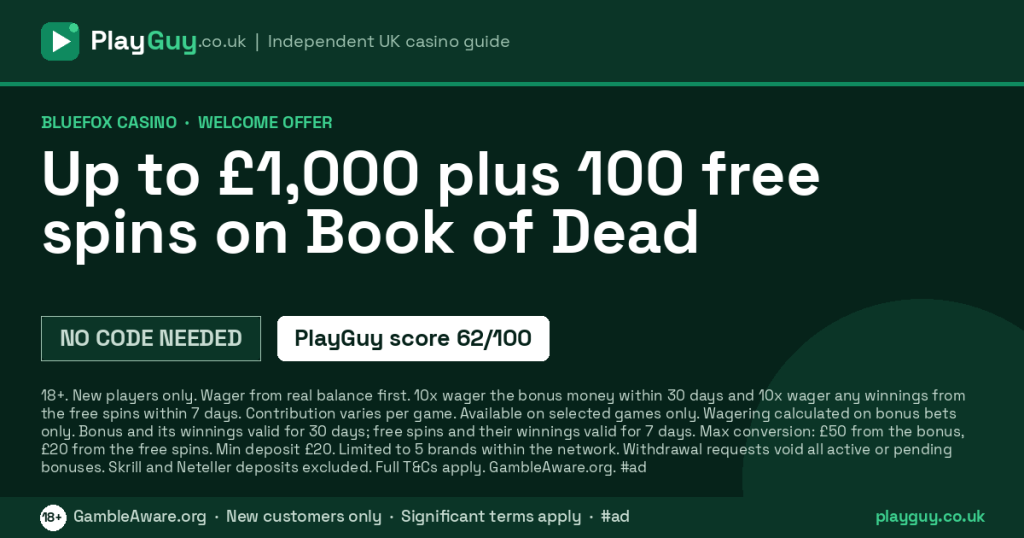 Bluefox Casino welcome offer: Up to £1,000 plus 100 free spins on Book of Dead