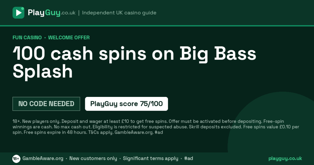 Fun Casino welcome offer: 100 cash spins on Big Bass Splash