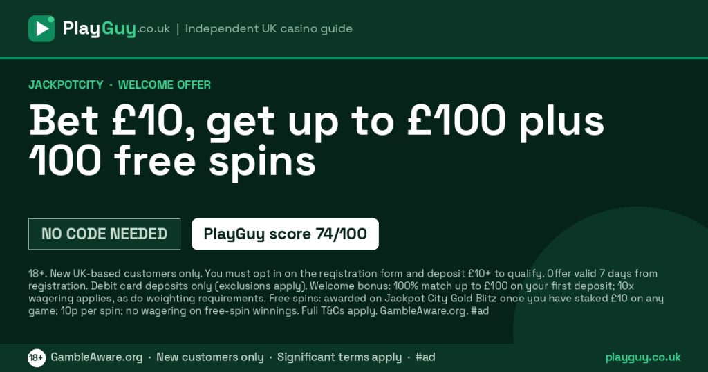 JackpotCity welcome offer: Bet £10, get up to £100 plus 100 free spins
