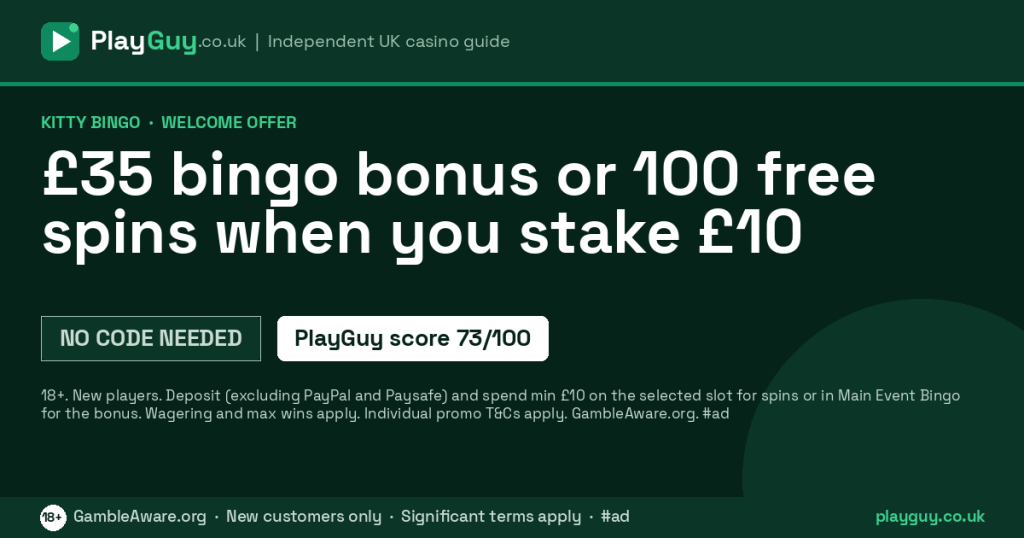 Kitty Bingo welcome offer: £35 bingo bonus or 100 free spins when you stake £10