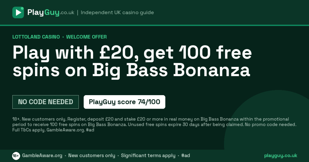Lottoland Casino welcome offer: Play with £20, get 100 free spins on Big Bass Bonanza