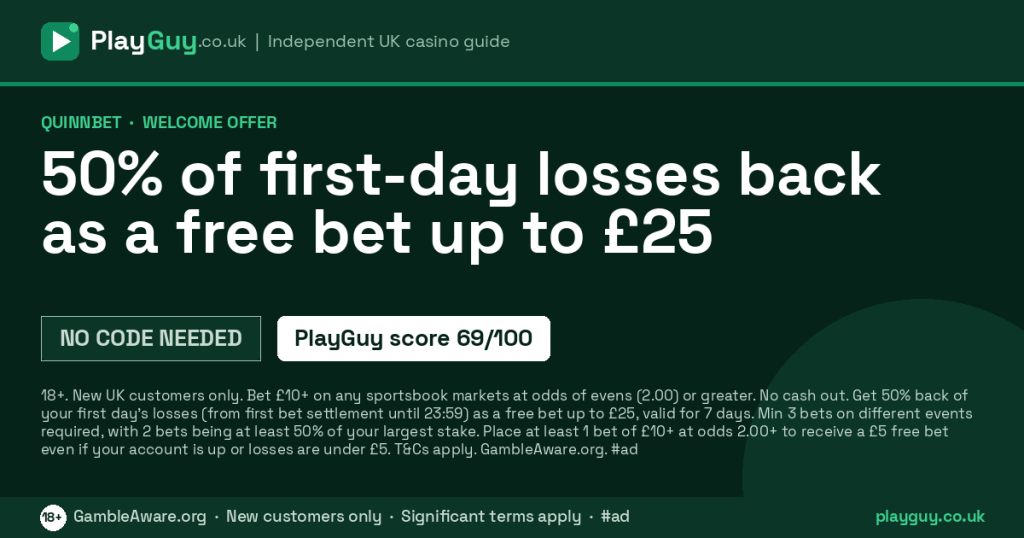 QuinnBet welcome offer: 50% of first-day losses back as a free bet up to £25