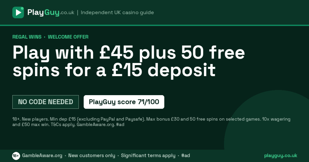 Regal Wins welcome offer: Play with £45 plus 50 free spins for a £15 deposit