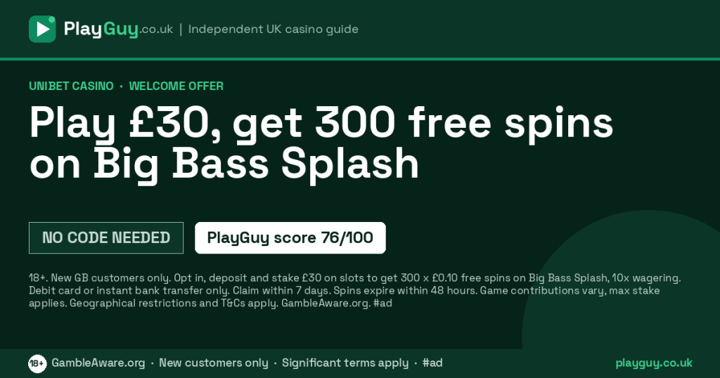 Unibet Casino welcome offer: Play £30, get 300 free spins on Big Bass Splash