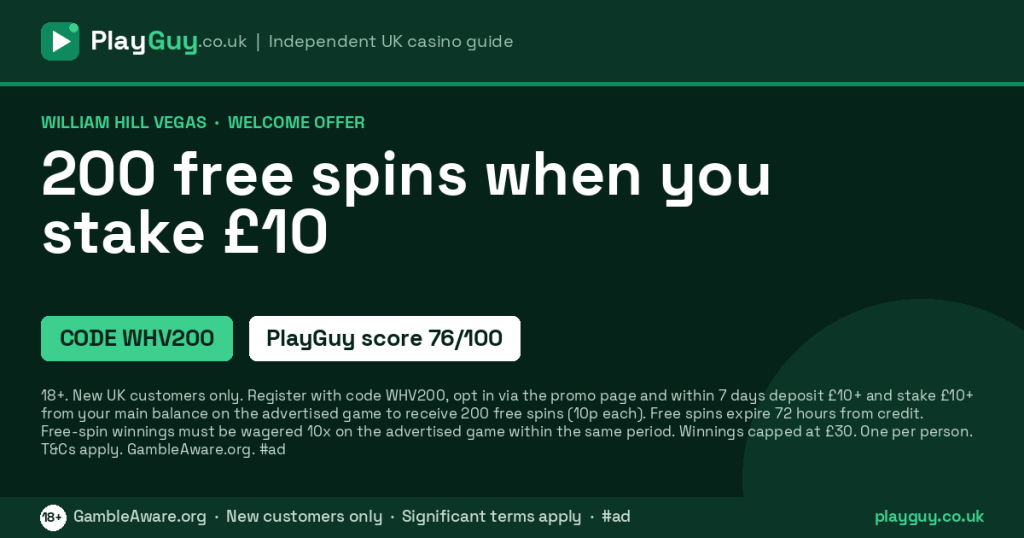 William Hill Vegas welcome offer: 200 free spins when you stake £10