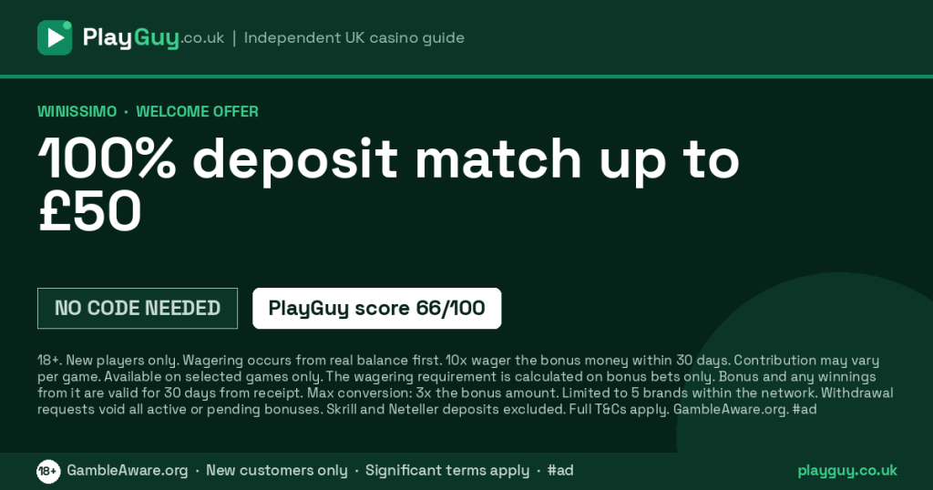 Winissimo welcome offer: 100% deposit match up to £50