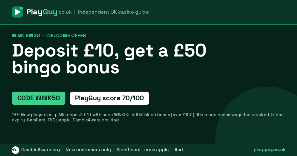 Wink Bingo welcome offer: Deposit £10, get a £50 bingo bonus