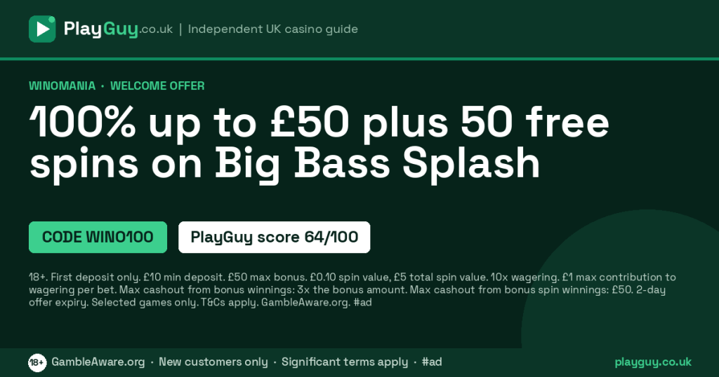 Winomania welcome offer: 100% up to £50 plus 50 free spins on Big Bass Splash