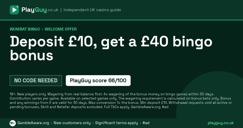Wombat Bingo welcome offer: Deposit £10, get a £40 bingo bonus